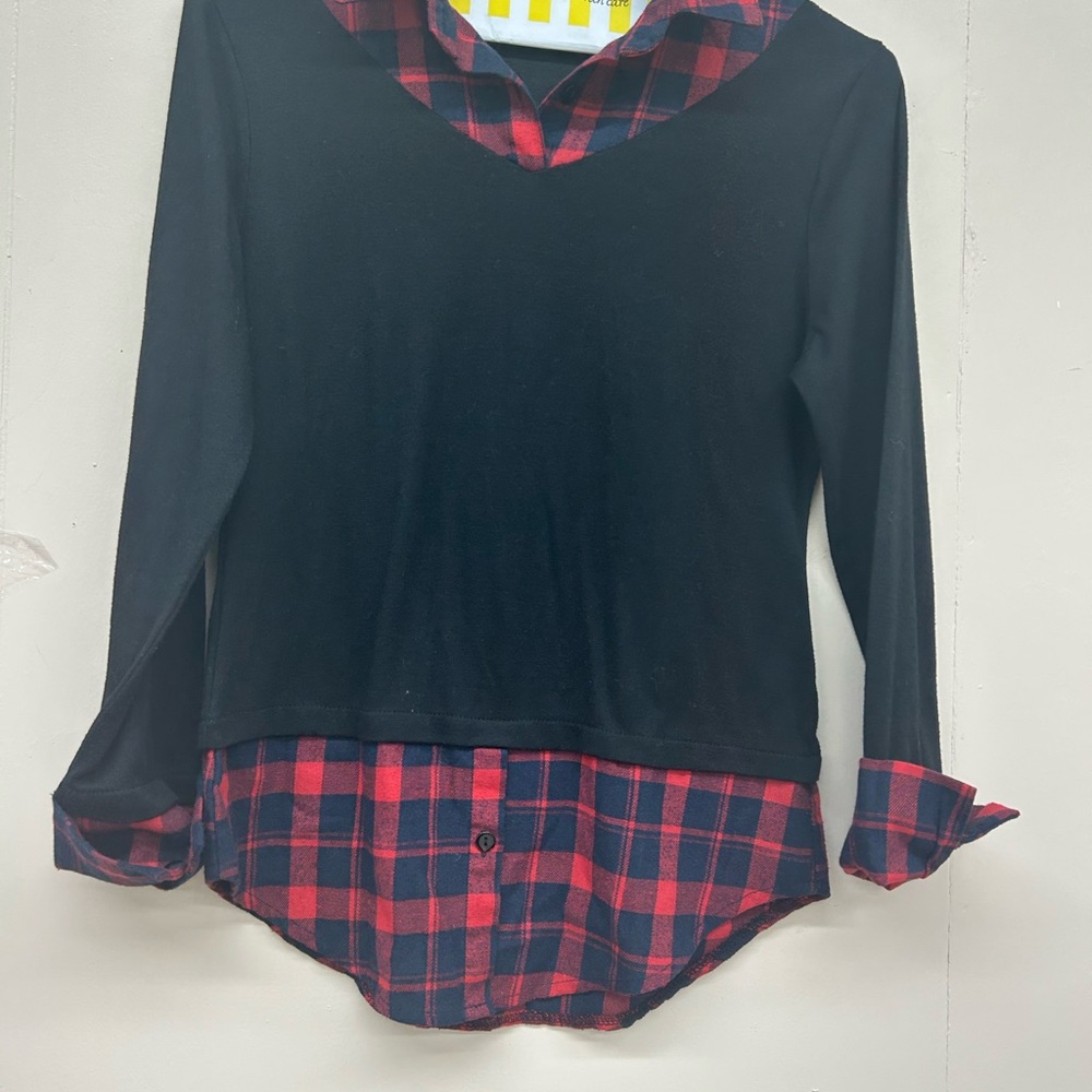 Plaid Layered junior Shirt - Black and chiciris Red  sizes